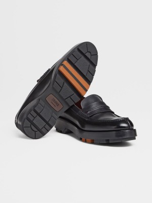 Black Zegna Hand-buffed Leather Udine Loafers | ZXPULRE-30
