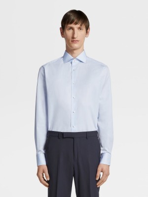 Light Blue Zegna Centoventimila Cotton Micro-striped Shirt | JUZGALQ-07