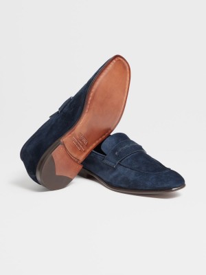 Navy Blue Zegna Suede L'Asola Loafers | QRBDPMK-16