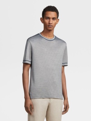 Turquoise Blue / White Zegna Silk Short-sleeve T-shirt | ZNVIORB-97