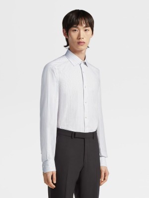 White / Navy Blue / Light Blue Zegna Trecapi Cotton Structured Micro-striped Shirt | WIYHZUN-27