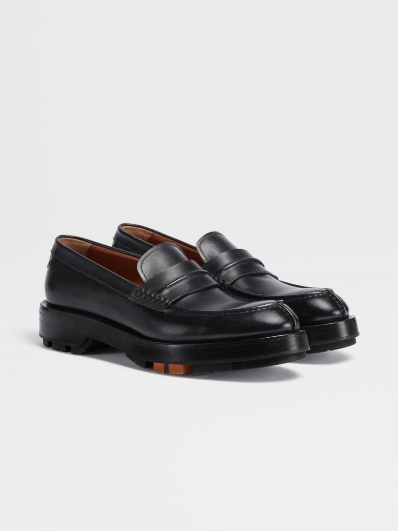 Black Zegna Hand-buffed Leather Udine Loafers | ZXPULRE-30