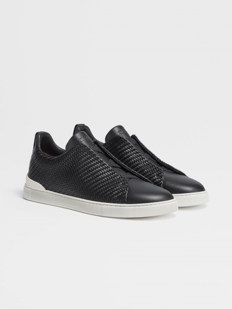 Black Zegna Pelletessuta Leather Triple Stitch Sneakers | VMYEPLT-82