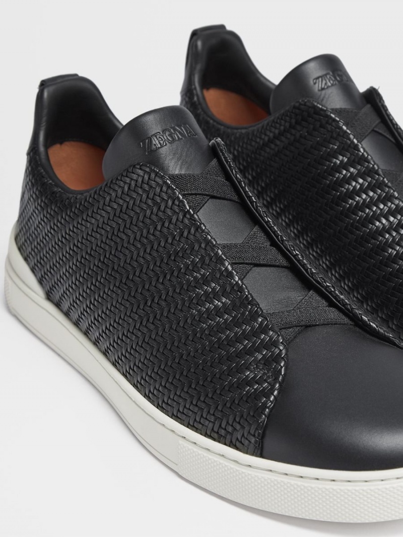 Black Zegna Pelletessuta Leather Triple Stitch Sneakers | VMYEPLT-82