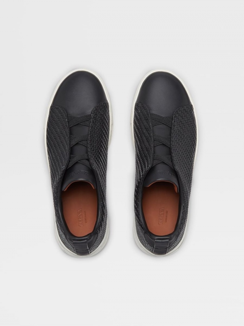 Black Zegna Pelletessuta Leather Triple Stitch Sneakers | VMYEPLT-82