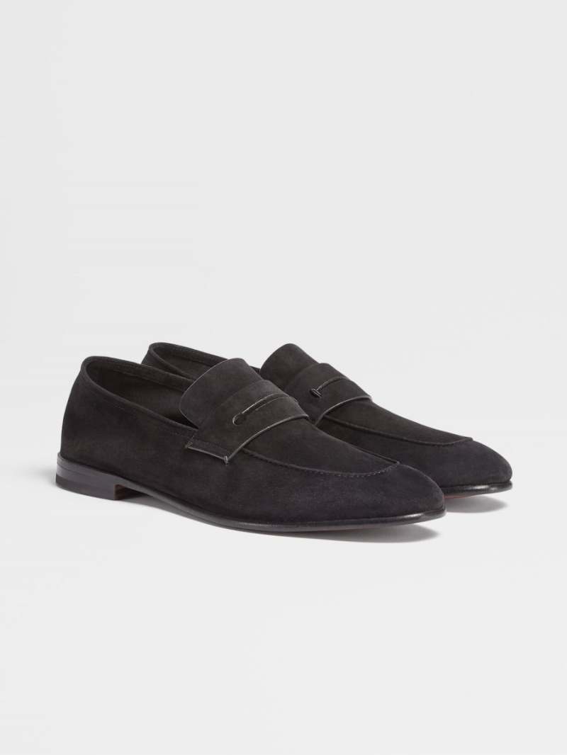 Black Zegna Suede L'Asola Loafers | UXDSOPG-60