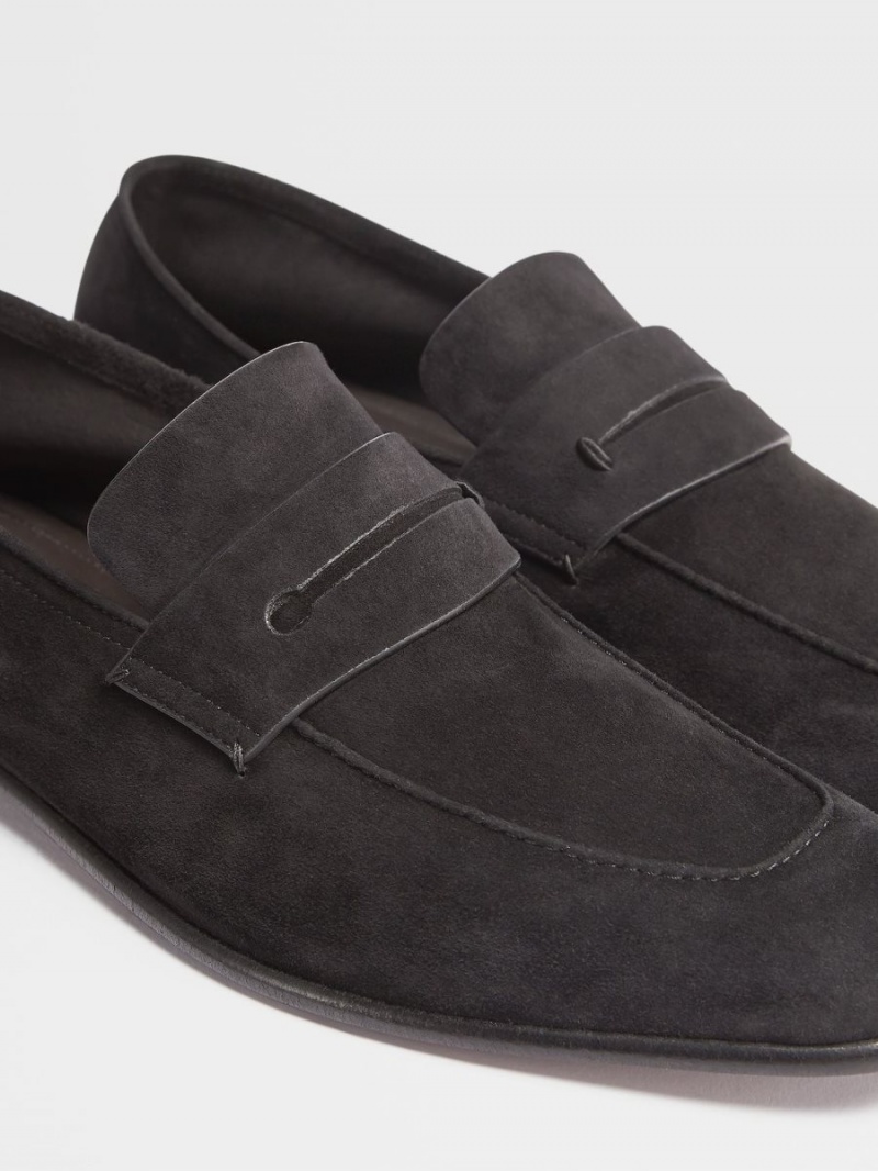 Black Zegna Suede L'Asola Loafers | UXDSOPG-60