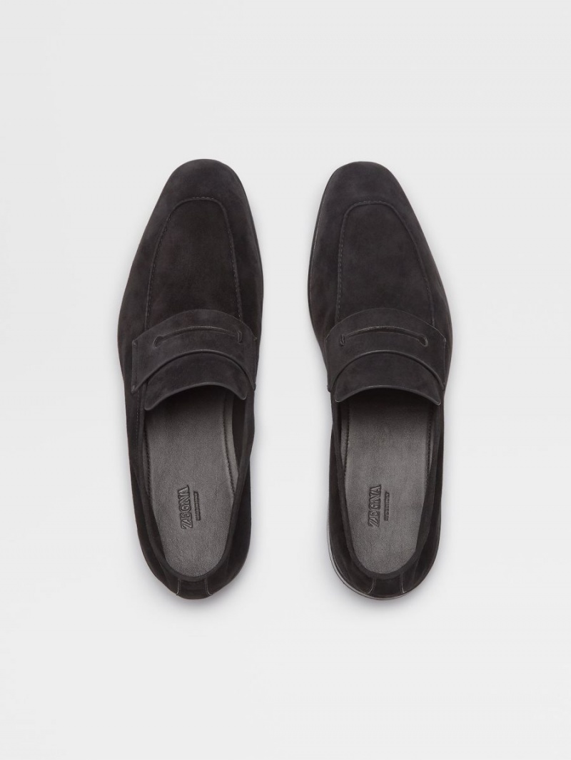 Black Zegna Suede L'Asola Loafers | UXDSOPG-60