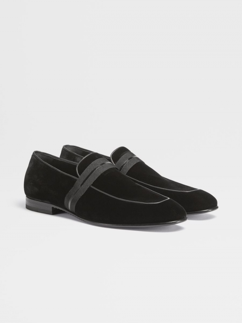 Black Zegna Velvet Lido Slip On Loafers | NVUGLPB-40