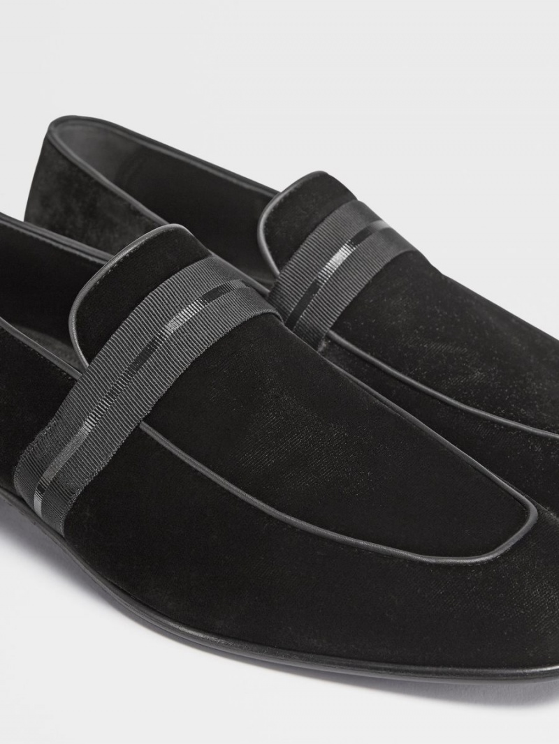 Black Zegna Velvet Lido Slip On Loafers | NVUGLPB-40