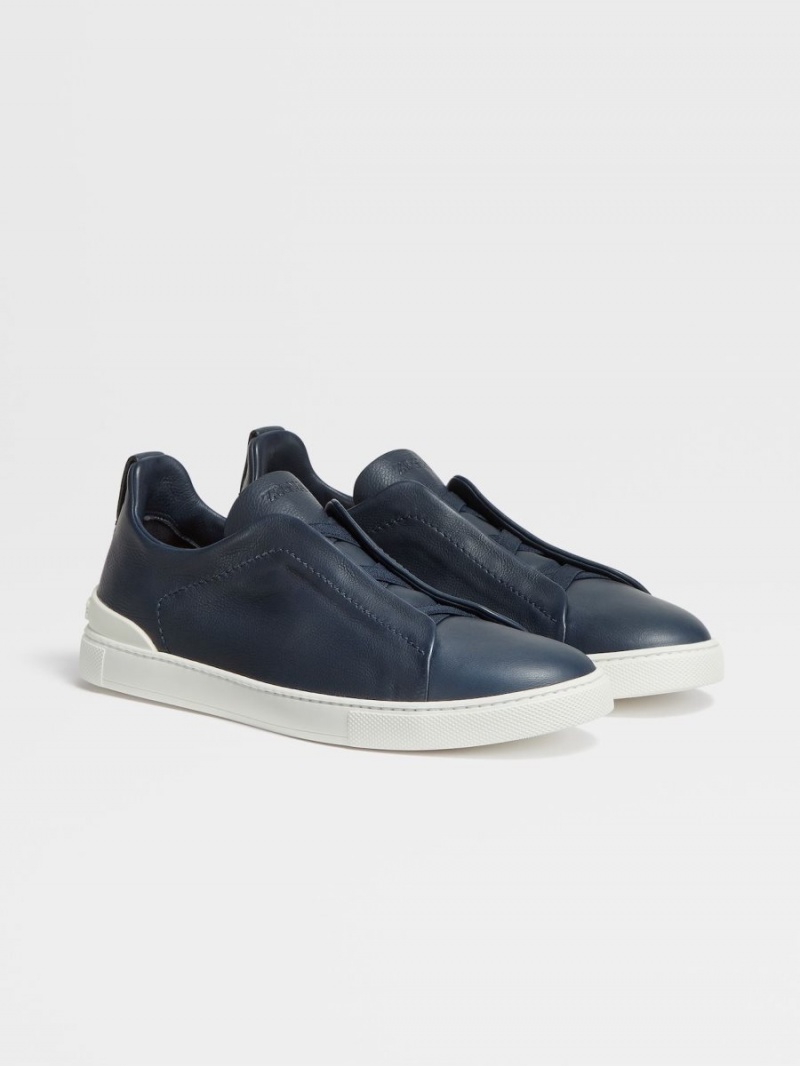 Blue Zegna Leather Triple Stitch Sneakers | BVDOHFY-03