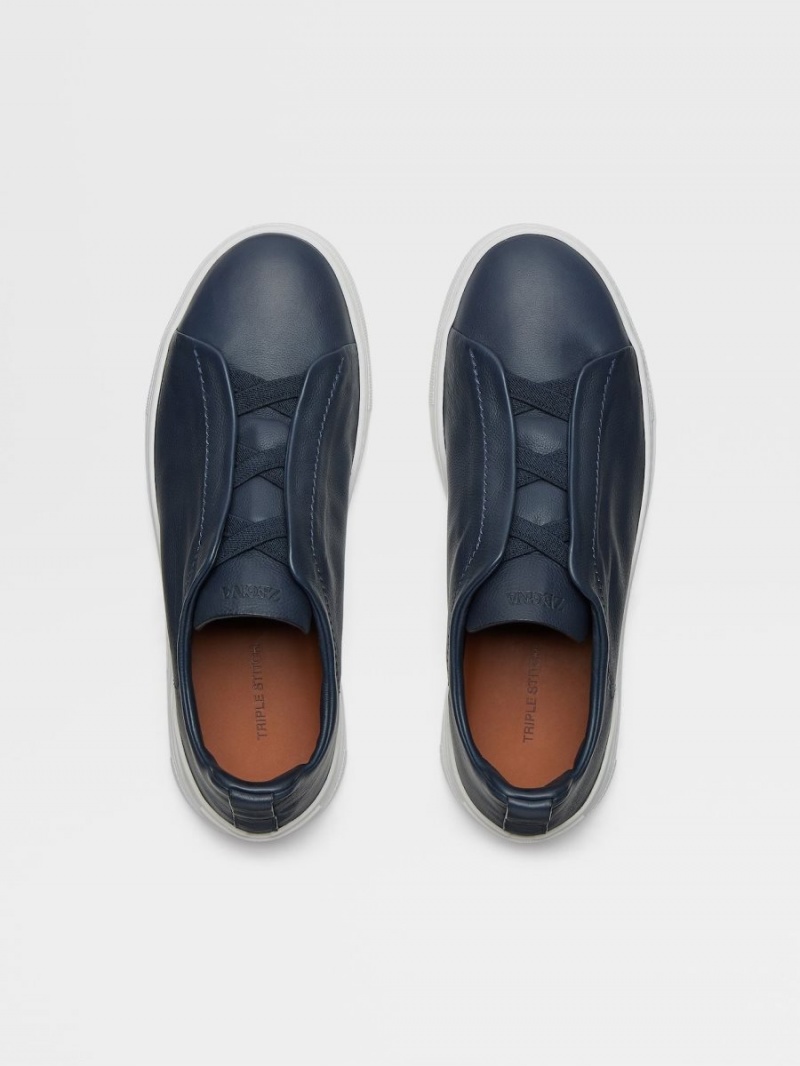 Blue Zegna Leather Triple Stitch Sneakers | BVDOHFY-03
