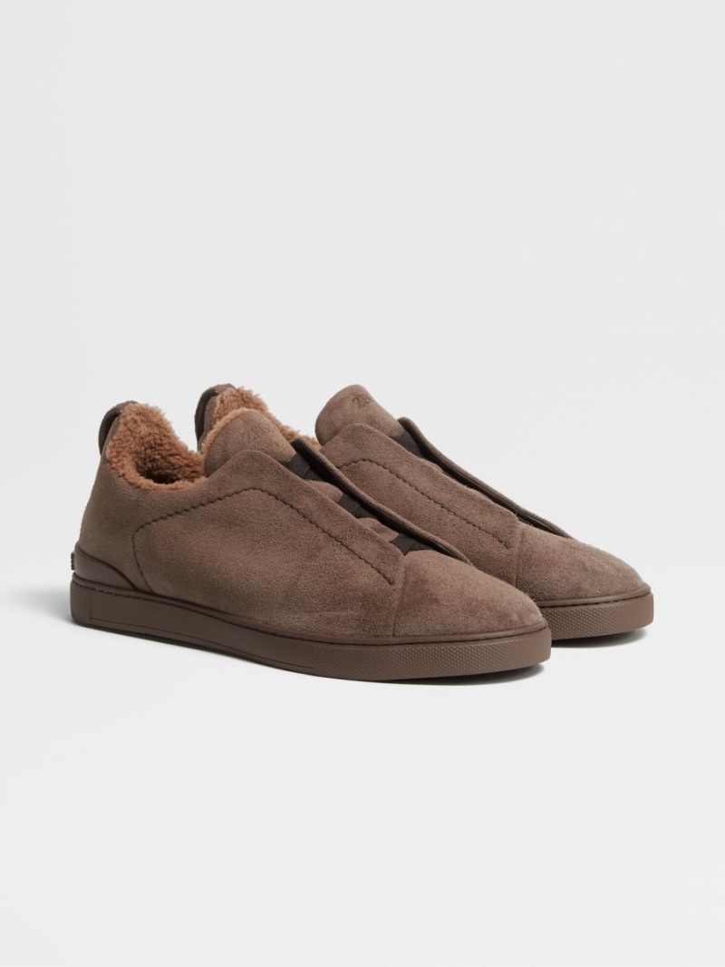 Brown Zegna Leather Triple Stitch Sneakers | IZFKNQA-09