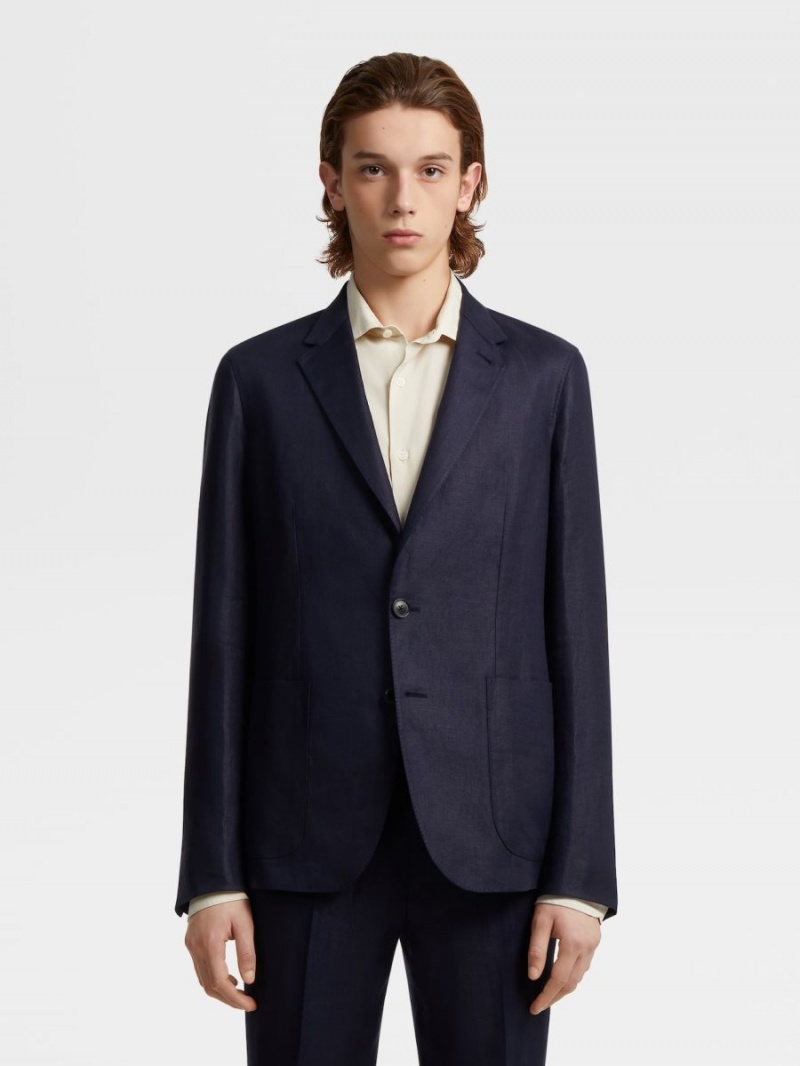 Dark Blue Zegna Pure Linen Shirt Jacket | HNEPCMI-72