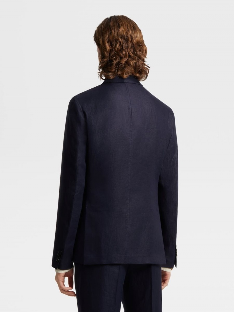 Dark Blue Zegna Pure Linen Shirt Jacket | HNEPCMI-72