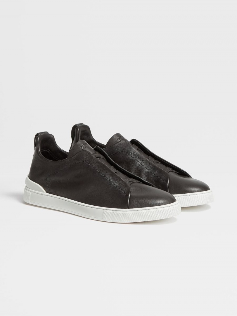 Dark Brown Zegna Leather Triple Stitch Sneakers | KFHBLNV-85