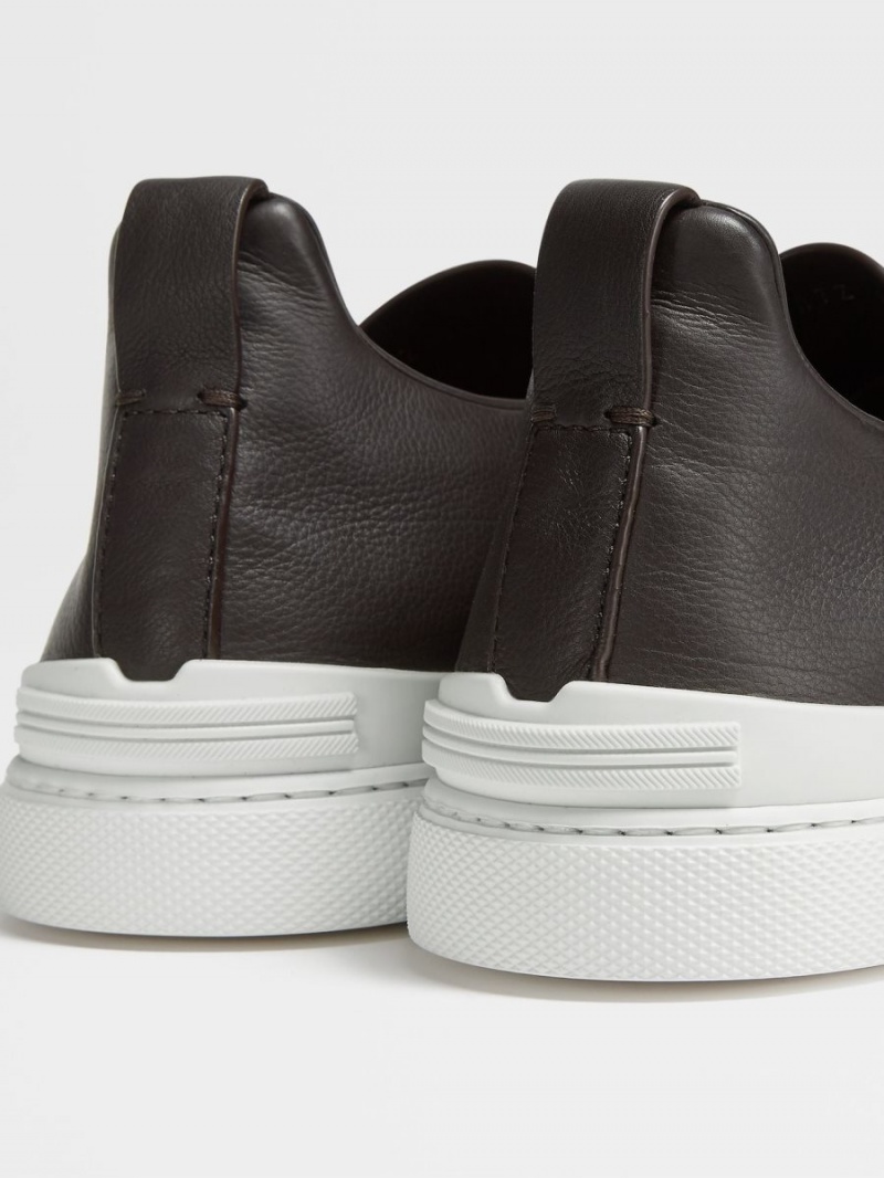 Dark Brown Zegna Leather Triple Stitch Sneakers | KFHBLNV-85