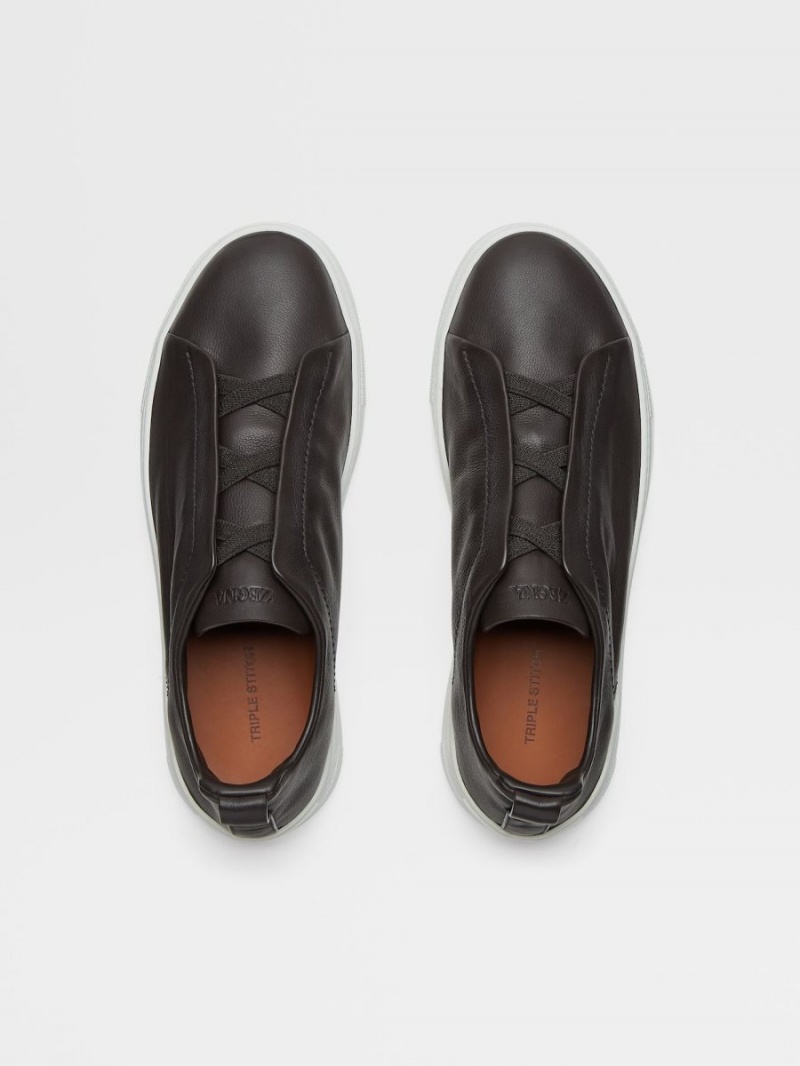 Dark Brown Zegna Leather Triple Stitch Sneakers | KFHBLNV-85
