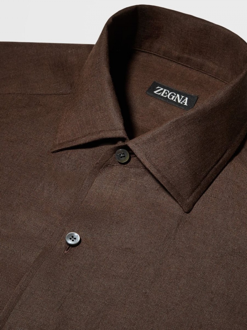 Dark Brown Zegna Pure Linen Long-sleeve Shirt | OBXRDHL-28