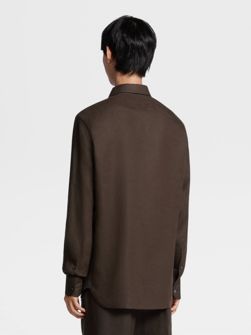 Dark Brown Zegna Pure Linen Long-sleeve Shirt | OBXRDHL-28