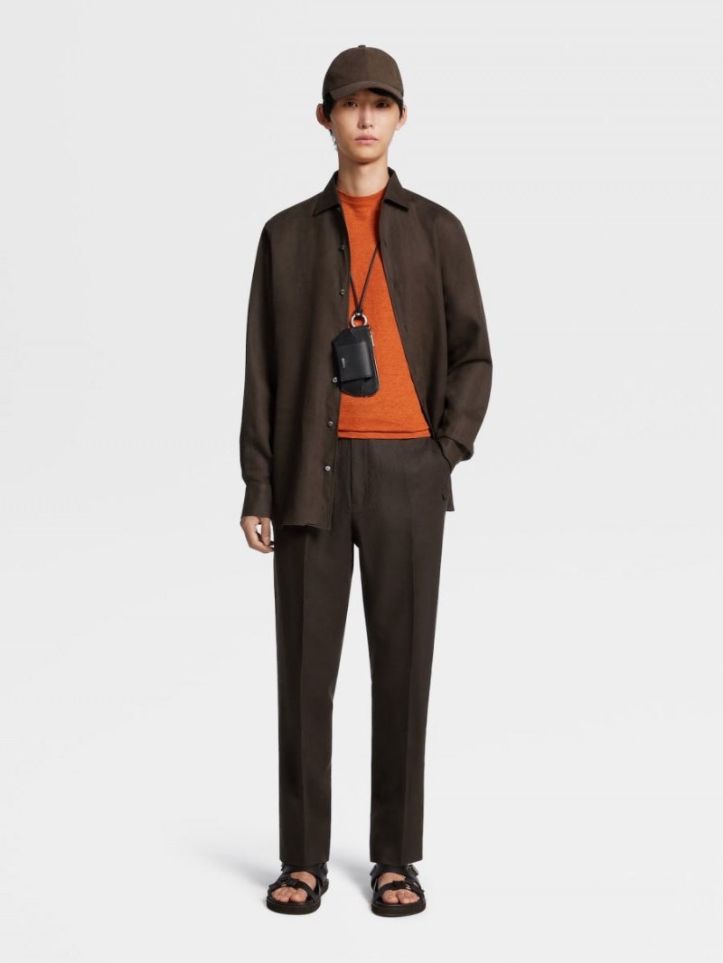 Dark Brown Zegna Pure Linen Long-sleeve Shirt | OBXRDHL-28
