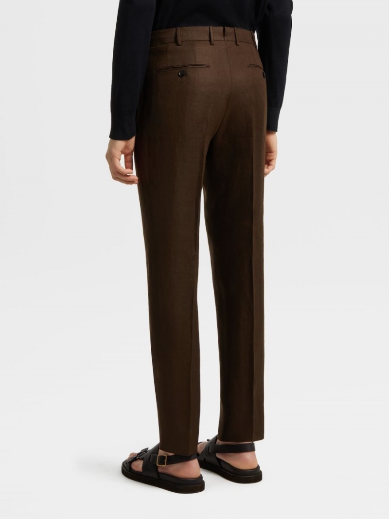 Dark Brown Zegna Pure Linen Pants | QONIVYR-06