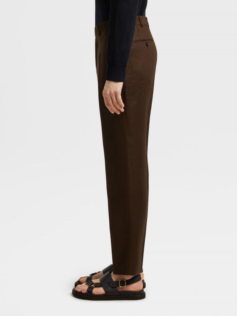 Dark Brown Zegna Pure Linen Pants | QONIVYR-06