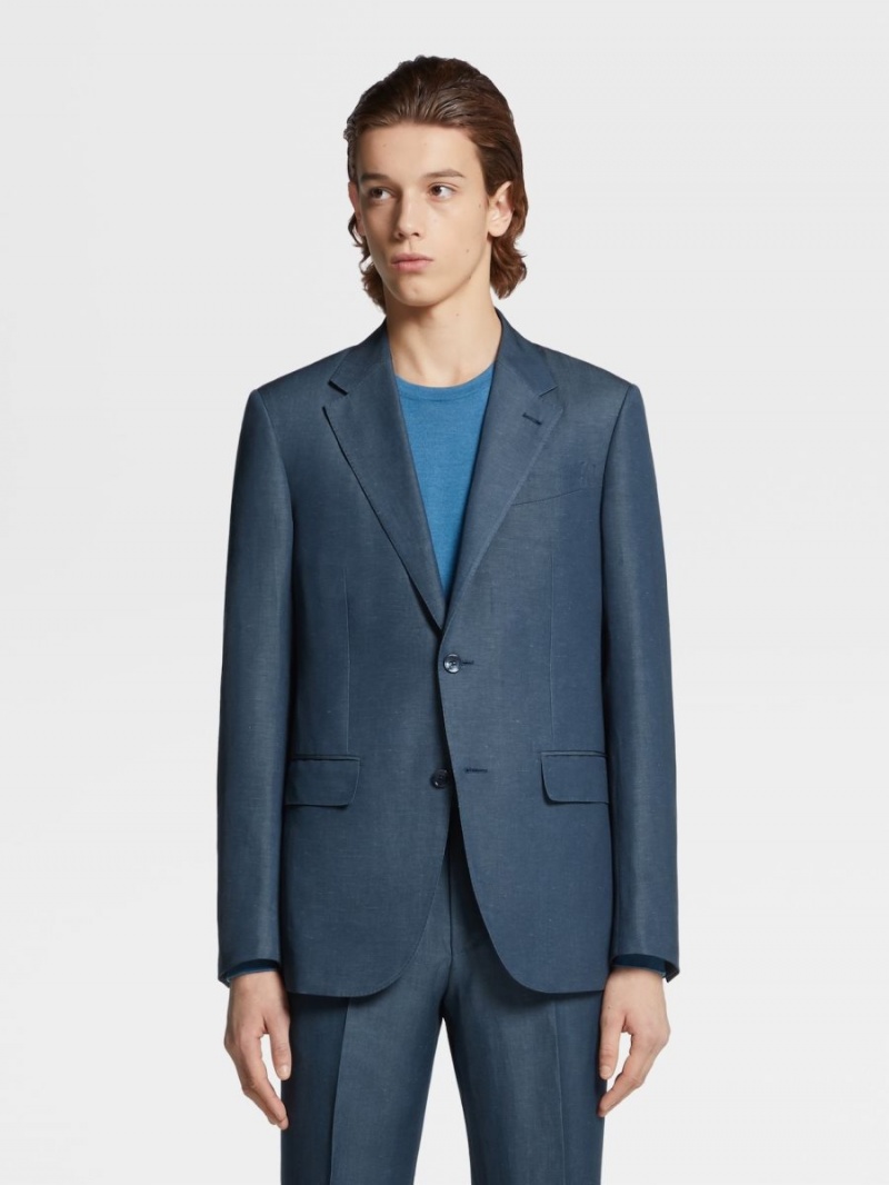 Dark Turquoise Blue Zegna Trofeo Summer Wool And Linen Jacket | WVESRZT-87
