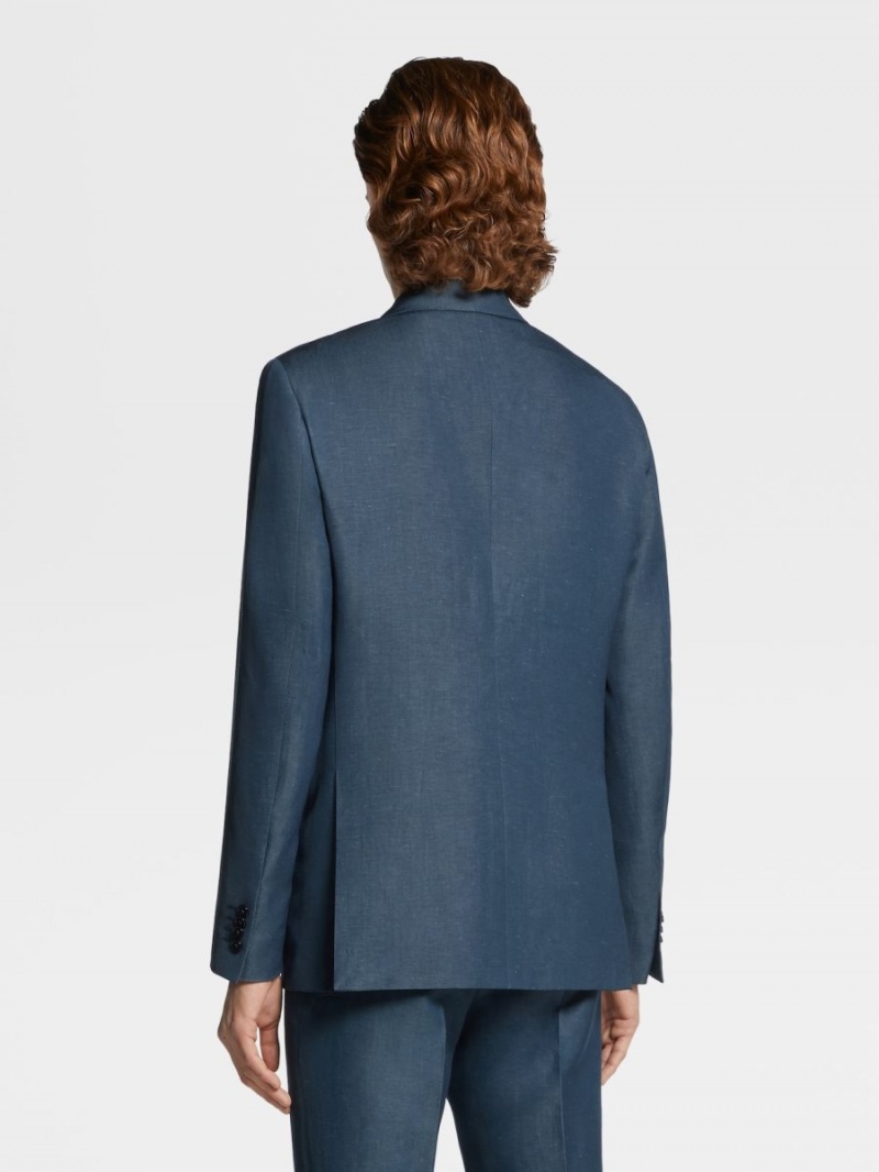Dark Turquoise Blue Zegna Trofeo Summer Wool And Linen Jacket | WVESRZT-87