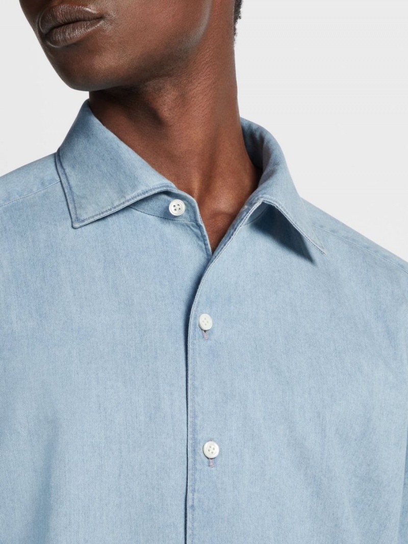 Light Blue Zegna Cashco Bleached Denim Shirt | HCGVQFO-79