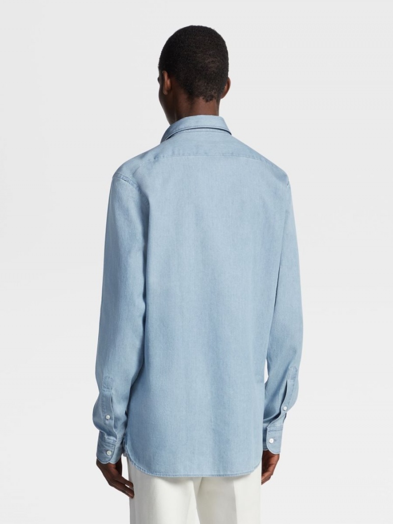 Light Blue Zegna Cashco Bleached Denim Shirt | HCGVQFO-79