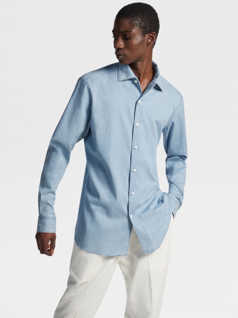 Light Blue Zegna Cashco Bleached Denim Shirt | HCGVQFO-79