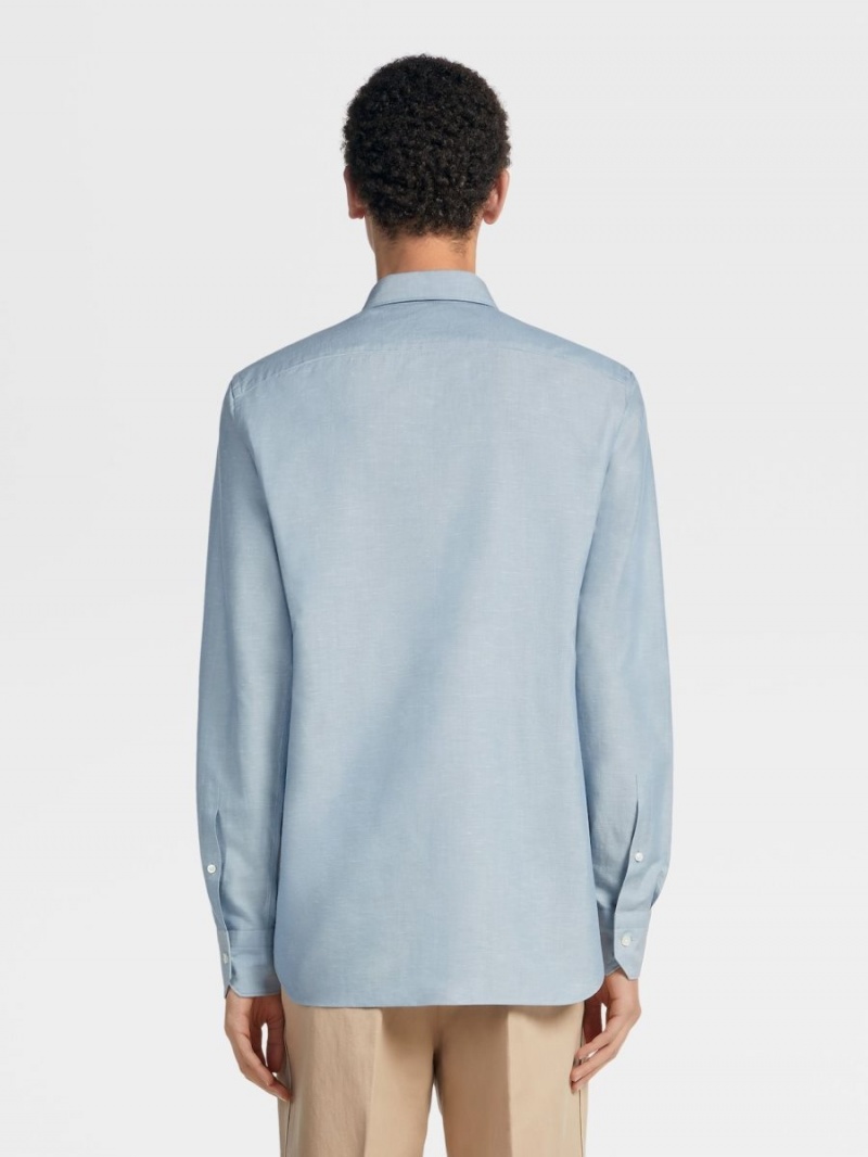 Light Blue Zegna Crossover Blend Cotton Linen And Silk Long-sleeve Tailoring Shirt | ATKDYBH-15