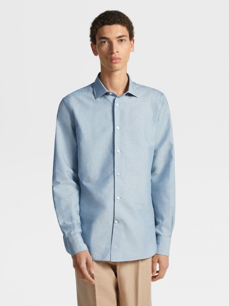 Light Blue Zegna Crossover Blend Cotton Linen And Silk Long-sleeve Tailoring Shirt | ATKDYBH-15