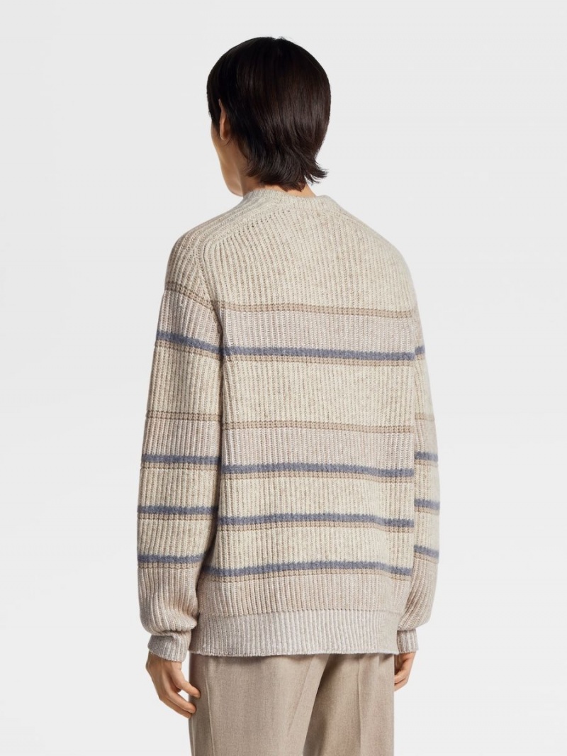 Light Grey Brown Zegna Striped Cashmere And Silk Crewneck | XLROZPJ-43