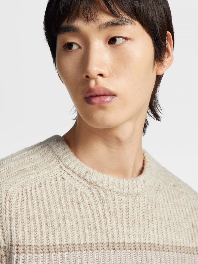 Light Grey Brown Zegna Striped Cashmere And Silk Crewneck | XLROZPJ-43