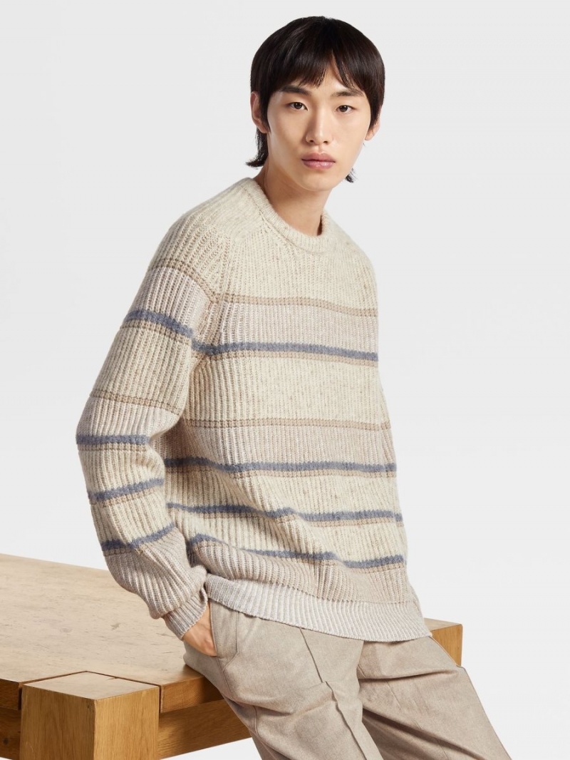 Light Grey Brown Zegna Striped Cashmere And Silk Crewneck | XLROZPJ-43