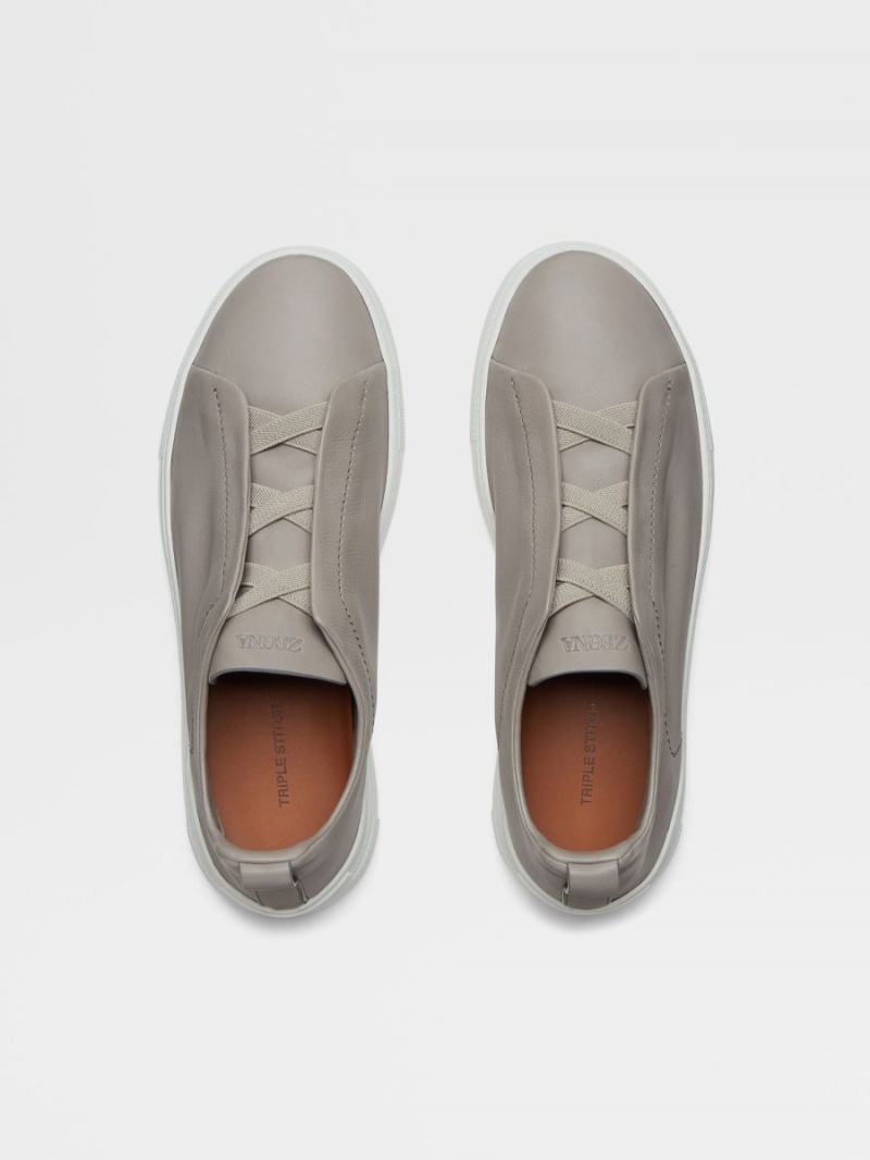 Light Grey Zegna Leather Triple Stitch Sneakers | DPFSLRK-70