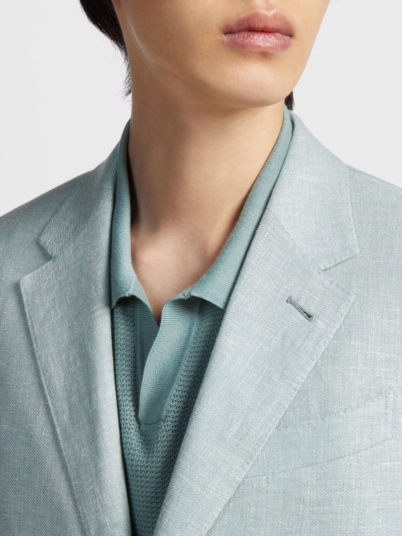 Light Turquoise Green Zegna Microstructured Crossover Linen And Wool Blend Fairway Jacket | BRQHVSL-24
