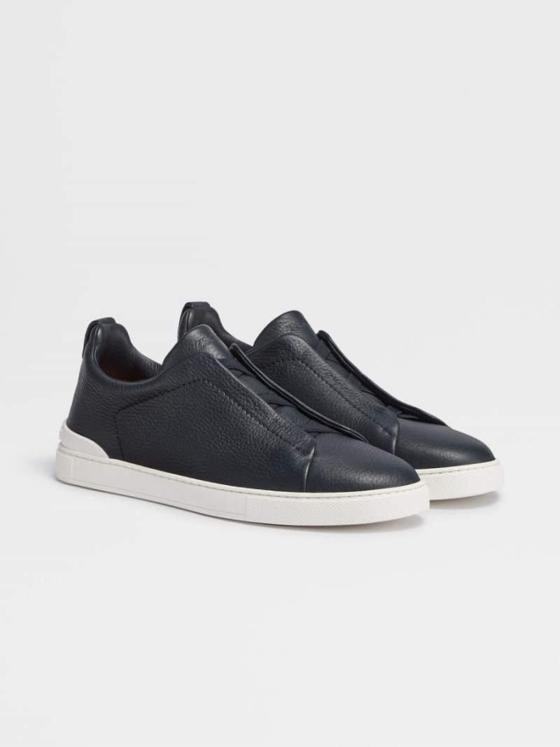 Navy Blue Zegna Deerskin Triple Stitch Sneakers | KGYTFVZ-19