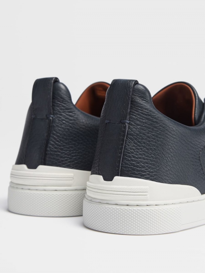Navy Blue Zegna Deerskin Triple Stitch Sneakers | KGYTFVZ-19