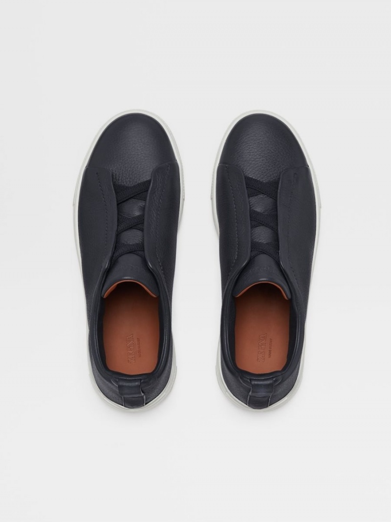 Navy Blue Zegna Deerskin Triple Stitch Sneakers | KGYTFVZ-19