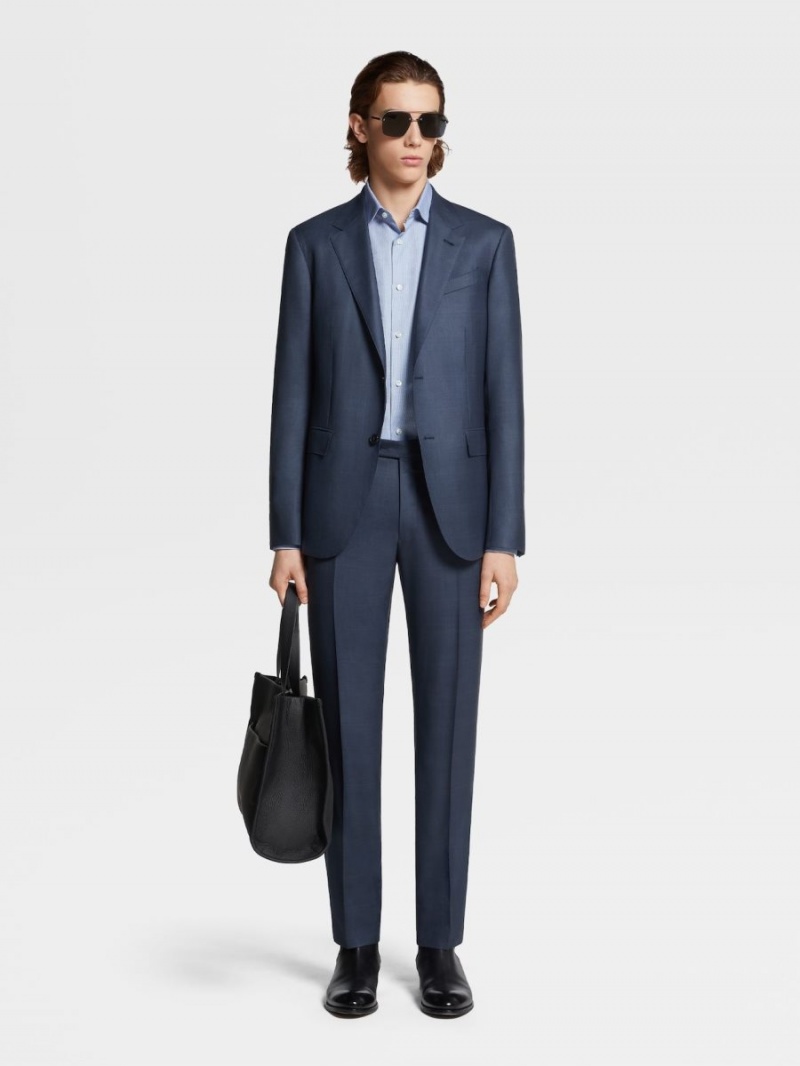 Navy Blue Zegna Micro-structured Trecapi Cotton Shirt | QBXUHCZ-90