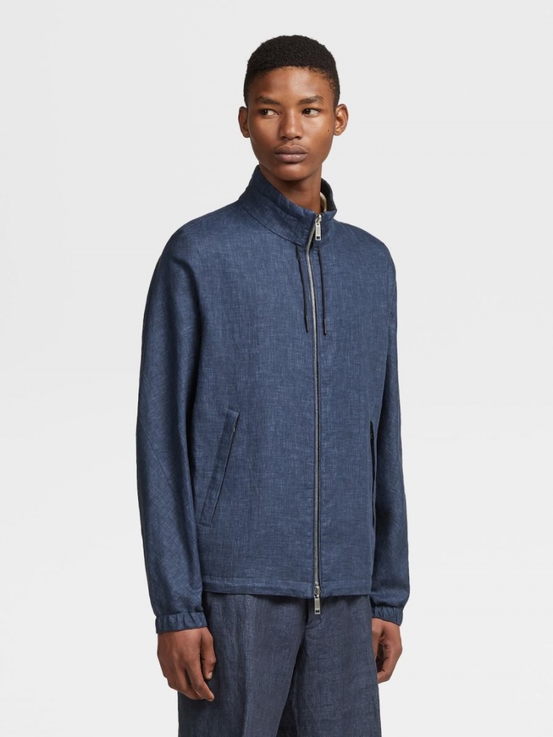 Navy Blue Zegna Pure Linen Blouson | NYVJUHC-95
