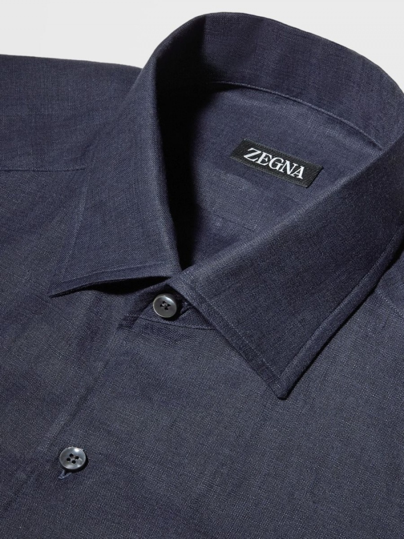 Navy Blue Zegna Pure Linen Long-sleeve Shirt | TDQIZCM-35