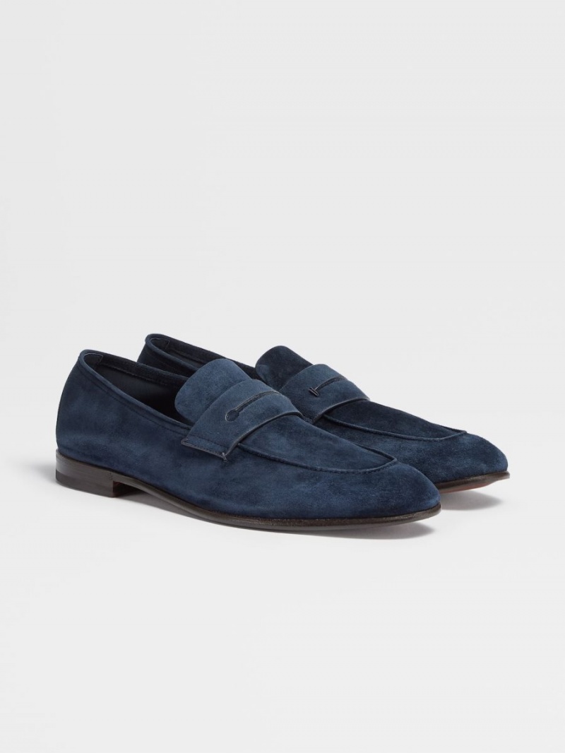 Navy Blue Zegna Suede L'Asola Loafers | QRBDPMK-16
