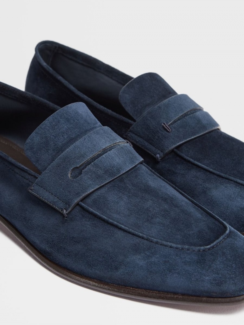 Navy Blue Zegna Suede L'Asola Loafers | QRBDPMK-16