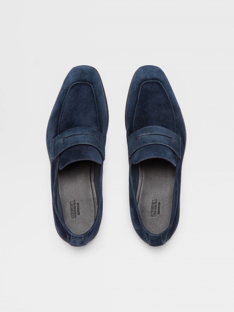 Navy Blue Zegna Suede L'Asola Loafers | QRBDPMK-16