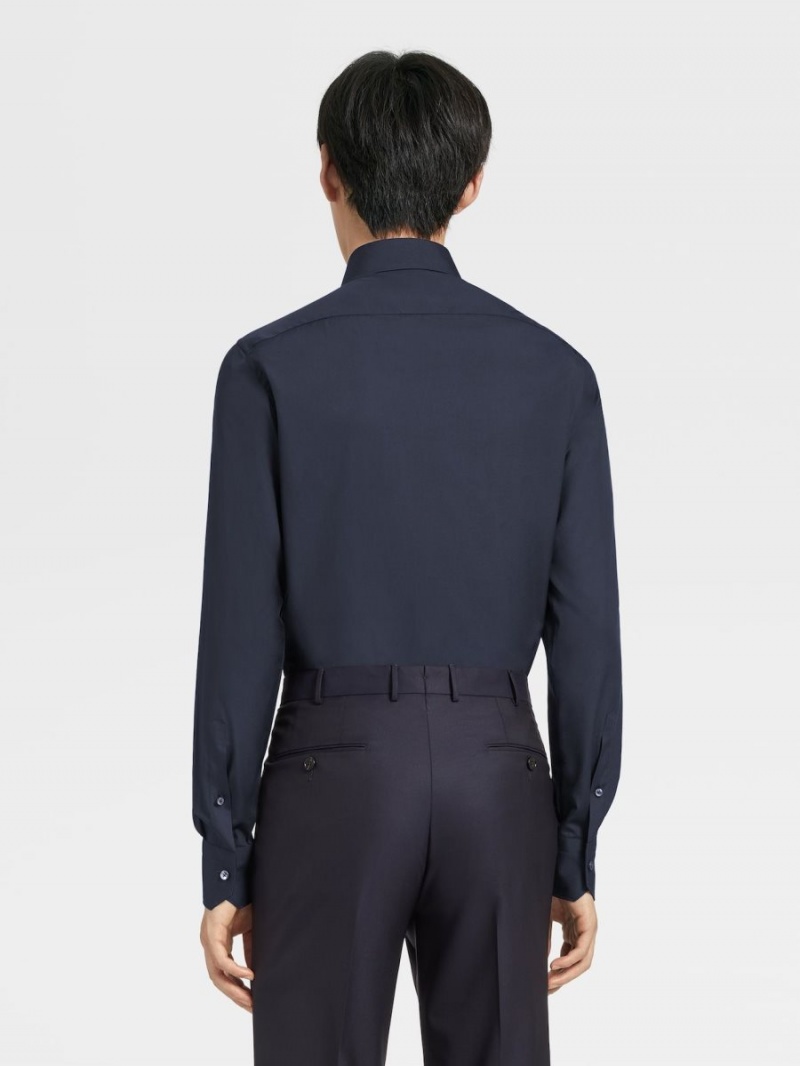 Navy Blue Zegna Trofeo Comfort Cotton Shirt | RZUAYCK-40