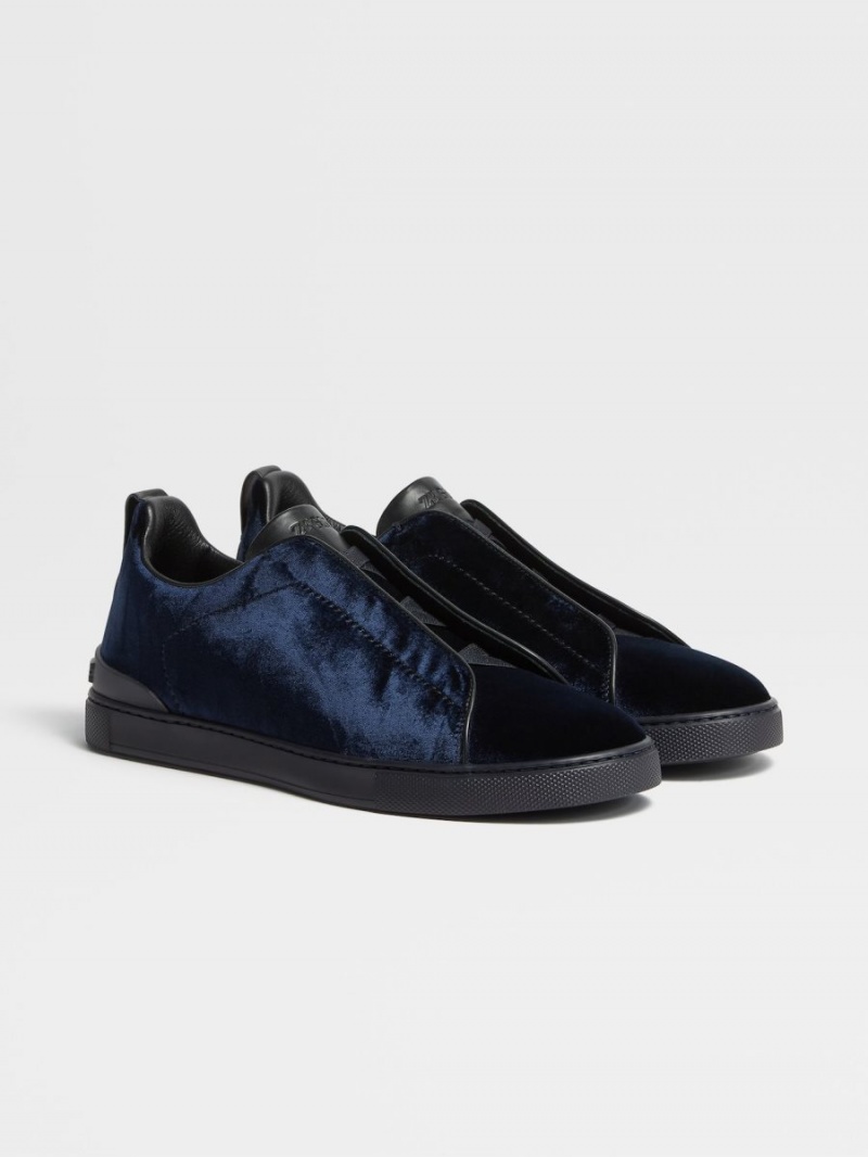 Navy Blue Zegna Velvet Triple Stitch Sneakers | WPGLVBJ-27